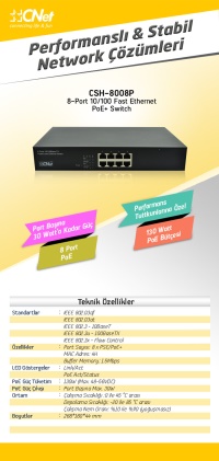 CNet CSH-8008P 8 Port 10/100 PoE+ Switch 110W - Ömür Boyu Garanti - 1